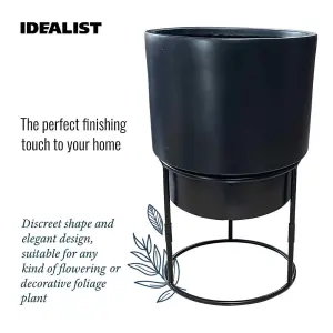 Set of two IDEALIST™ Black Reinforced Stone Flower Pots, Round Indoor Planters on Detachable Metal Stands: D20 H35 cm + D26 H50 cm