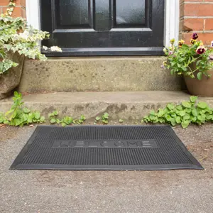 Nicola Spring Heavy Duty Rubber Door Mat - 60cm x 40cm - Black Welcome