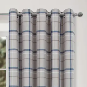 Home Curtains Hudson Woven Check Fully Lined 45w x 48d" (114x122cm) Blue Eyelet Curtains (PAIR)