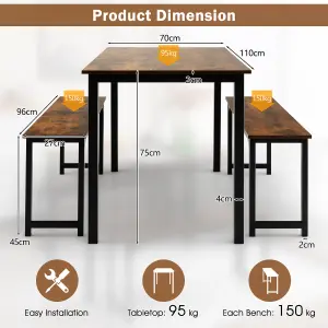 Costway 3 PCS Dining Table Set Space-Saving Kitchen Table Set w/2 Benches