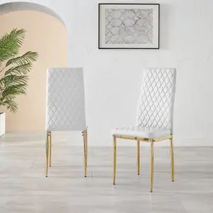 Furniturebox UK 4 Seater Dining Set - Novara 100cm Gold Round Glass Dining Table and Chairs - 4 White Faux Leather Milan Chairs