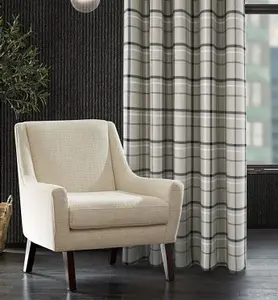 Home Curtains Hudson Woven Check Fully Lined 65w x 90d" (165x229cm) Grey Eyelet Curtains (PAIR)