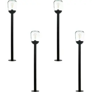 4 PACK IP44 Outdoor Bollard Light Black Aluminium & Glass 60W E27 Lamp Post