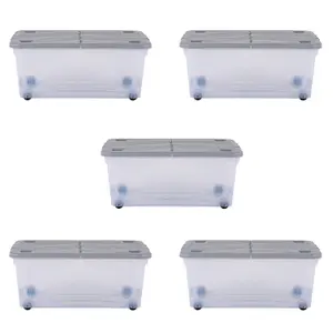 5 x Wham 45L Stackable Plastic Storage Box with Wheels & Folding Lid Clear/Cool Grey