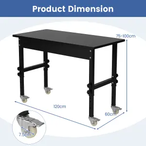 Costway 120cm Adjustable Workbench Heavy-duty Workstation W/ Bamboo Top & Lockable Casters