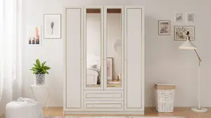 MARIE 4 Door 2 Drawer Mirrored Gold White Wardrobe