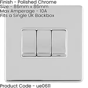 5 PACK 3 Gang Triple Light Switch SCREWLESS POLISHED CHROME 2 Way 10A Rocker