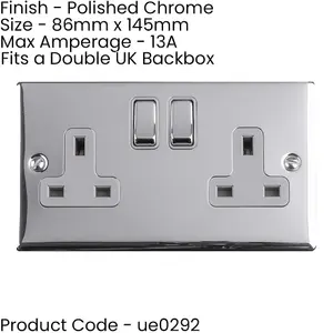 2 Gang Double UK Plug Socket POLISHED CHROME & GREY 13A Switched Power Outlet