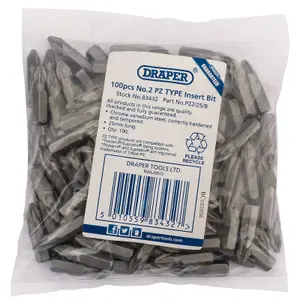 Draper PZ TYPE Insert Bits, 1/4", No.2 (Bag of 100) 83432