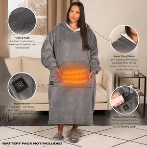 Heated Hoodie Blanket Extra Long Oversized Warm Fleece Sherpa Throw USB Jumper