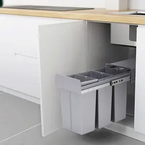 Grey 3 x 10L Rectangular Integrated Kitchen Pull Out Bin Waste and Recycling Bin for Cabinet Under Counter Storage