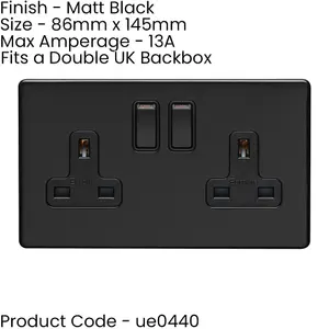 3 PACK 2 Gang Double DP 13A Switched UK Plug Socket SCREWLESS MATT BLACK Wall Power