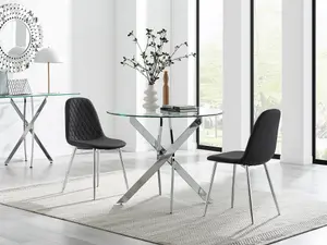 Furniturebox UK Novara 100cm Round Dining Table & 2 Black Corona Silver Chairs