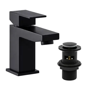 BATHWEST Matte Black Square Basin Taps with Drain Basin Mixer Taps with Pop Up Waste Monobloc Brass Basin Taps with Sink