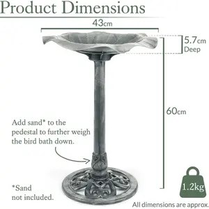 Garden Bird Bath Resin Leaf Birdbath With Rustic Metal Effect H60cm Grey Christow