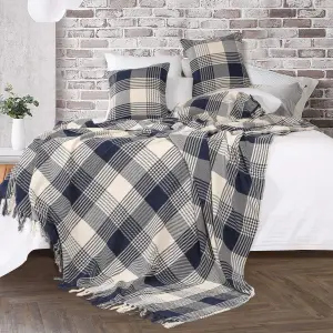 EHC Premium Reversible 100% Cotton Large 250 x 380cm Super King Size Tartan Throws for Sofa, Bedspread Navy Blue