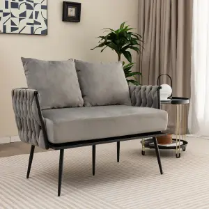 Costway Modern 2 Seater Sofa Upholstered Loveseat Couch Woven Double Sofa Chair W/ Arms