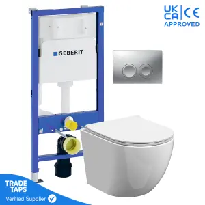 White Wall Hung Toilet Rimless Pan with Geberit Concealed Cistern Frame 112cm & Delta25 Matt Chrome Flush Plate