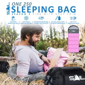 SAIL 'One' Waterproof Sleeping Bag 3-4 Season Indoor & Outdoor Camping Hiking - Pink