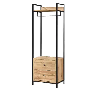 Alva Open Double Wardrobe with 2 Drawers Oak Storage Clothes Hanging Rail Stand