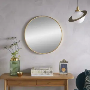 Wall Mirror Bexley Round Shaped with Brushed Gold Aluminium Frame- Diameter 80cm for Lounge Exuding Opulence, Art Deco home