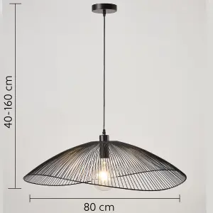 Contemporary Large Black Pendant Ceiling Light. Decorative shade with curved metal threads, 80cm Diameter  Adjustable height