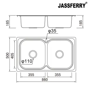 JASSFERRY Stainless Steel Kitchen Sink 2 Double Bowl Welding, 860 X 500 mm