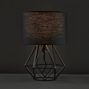 ValueLights Angus Modern Small Satin Black Metal Basket Cage Table Lamp with Black Fabric Shade