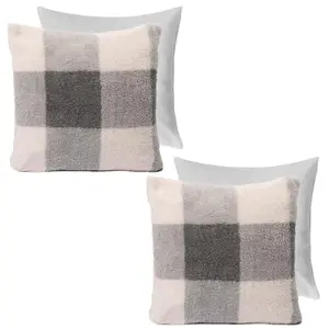 2 Pack Gingham Check Teddy Filled Fleece Soft Cushion Covers, Grey - 45 x 45cm