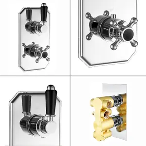 ENKI Regent Chrome Black Crosshead 2-Outlet Solid Brass Thermostatic Twin Shower Valve TSV032