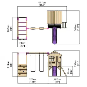 Rebo Orchard 4ft Wooden Children's Playhouse, Swings, Monkey Bars, Deck & 6ft Slide - Double Swing - Venus Purple