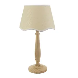 ValueLights Victoria Light Wood Table Lamp with Linen Scallop White Trim Tapered Shade & Bulb