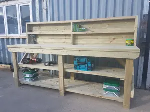 Indoor/outdoor workbench pressure treated station (H-90cm, D-64cm, L-240cm) with back panel and double shelf