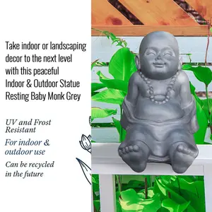 Buddha Statue Indoor and Outdoor, Grey Stone Effect Feng Shui Ornament, Resting Buddha Baby Monk Figurine L31 W22.5 H26 cm