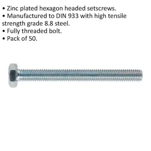 50 Pack M6 x 60mm Grade 8.8 Zinc Setscrews - Fully Threaded DIN 933