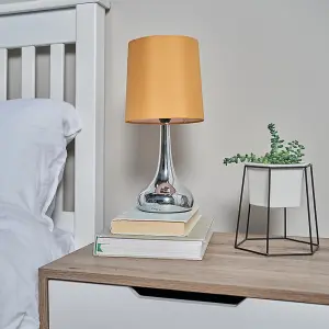 ValueLights Pair Of Silver Chrome Teardrop Touch Bed Side Table Lamps With Mustard Fabric Shades