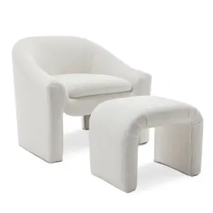 Boucle Teddy Fabric Accent Chair in White with Footstool