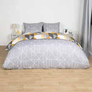 Duvet Cover Bedding Set Pillowcase Geometric Reversible Quilt, Ochre - Single