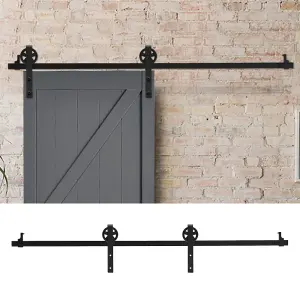 6ft Black Rustic Steel Barn Door Track System Sliding Hardware Kit with Wheel Rollers, Load Capacity 100KG