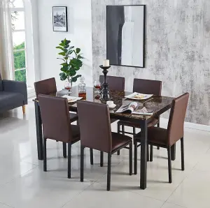 Emillia MDF Marble Effect Dining Table with 6 Faux Leather Chairs in Brown