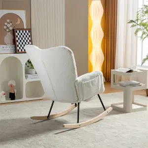 New Modern Teddy Fabric Tufted Upholstered Rocking Chair with pull-out footrest, White 