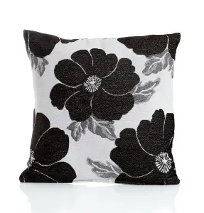 Poppy 45cm x 45cm Luxury Floral Chenille Cushion Black/Grey