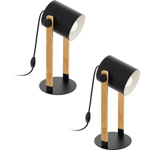 2 PACK Table Lamp Desk Light Black & Creme Shade Wood Base 1x 28W E27