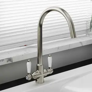 Astini Colonial Brushed Steel & White Ceramic Handle Twin Lever Kitchen Mixer Tap