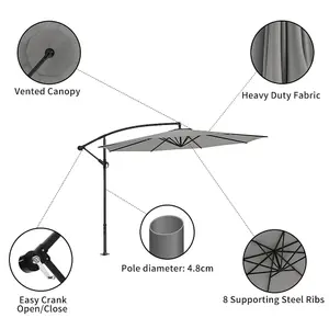 3M Large Rotatable Garden Sun Shade Cantilever Parasol Patio Hanging Banana Umbrella Crank Tilt No Base, Light Grey