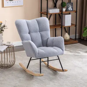 Mid Century Modern Teddy Fabric Tufted Upholstered Rocking Chair Padded Seat For Living Room Bedroom, Light Grey