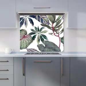 Watercolor Tropical Leaf Premium Glass Kitchen Splashback W900mm x H650mm