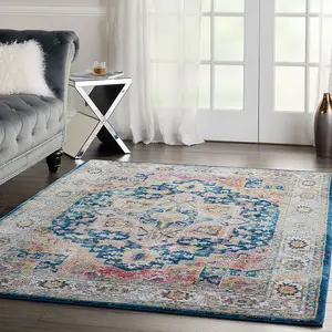 Blue/Multicolor Luxurious Traditional Persian Easy to Clean Floral Dining Room Bedroom And Living Room Rug-61cm X 122cm