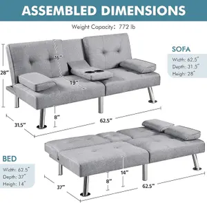 Astro Grey Fabric Sofa Bed - Chrome Legs-Cup holders, 3-Seater Multipurpose Couch/ Sofa