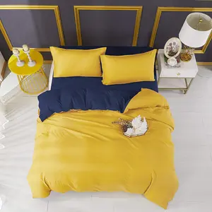 Microfiber Solid Colour Duvet Cover Set with Pillowcases Mustard/Navy / Double - 2 Standard Pillowcases